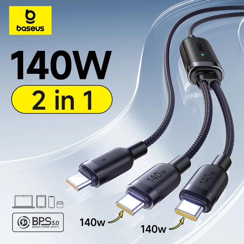 Baseus 140W 2-in-1 USB C Cable | PD3.1 QC PPS Fast Charging Data Cable with Dual Type C Connectors | High-Speed Charging Cable for Laptop Tablet Samsung iPhone