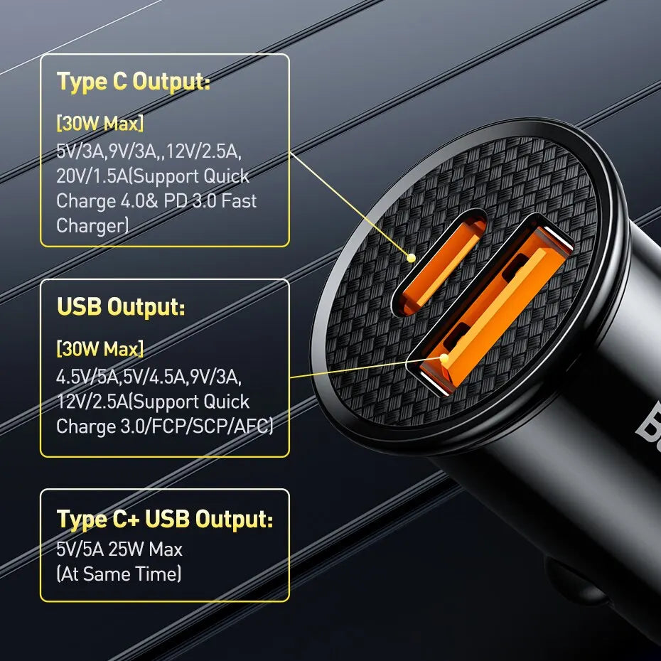 Baseus 30W Fast Charging USB Car Charger | Quick Charge 4.0 & 3.0 USB PD Car Phone Charger | FCP SCP Fast Charging Adapter for iPhone and Smartphones