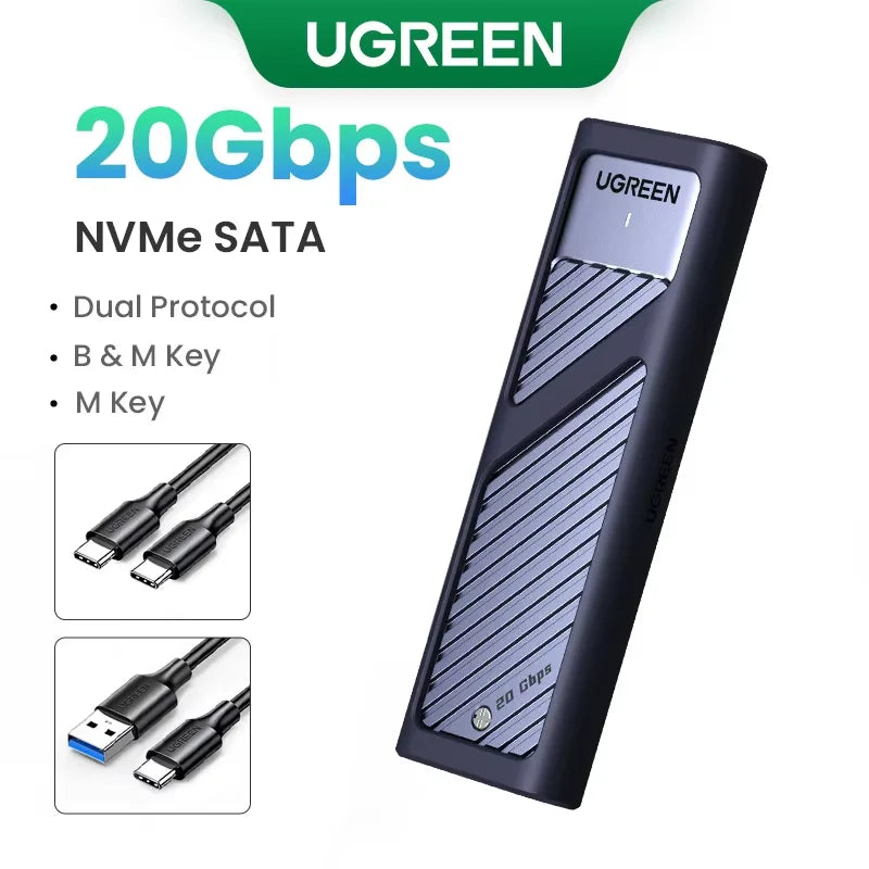 UGREEN M.2 NVMe SATA SSD Enclosure | 20Gbps USB C 3.2 Gen 2 External SSD Enclosure | Aluminum M.2 SSD Case for M Key & B+M Key 2280 SSDs | High-Speed Portable Storage Adapter