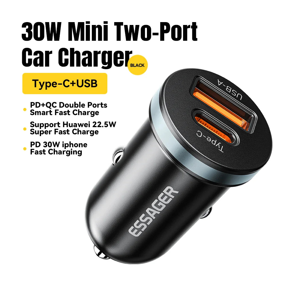 Essager 30W USB C Car Charger | PD QC 3.0 5A Fast Charging Type C Car Phone Charger | Quick Charge USB C Power Adapter for iPhone Xiaomi Samsung | High-Speed Universal Car Charger for Smartphones
