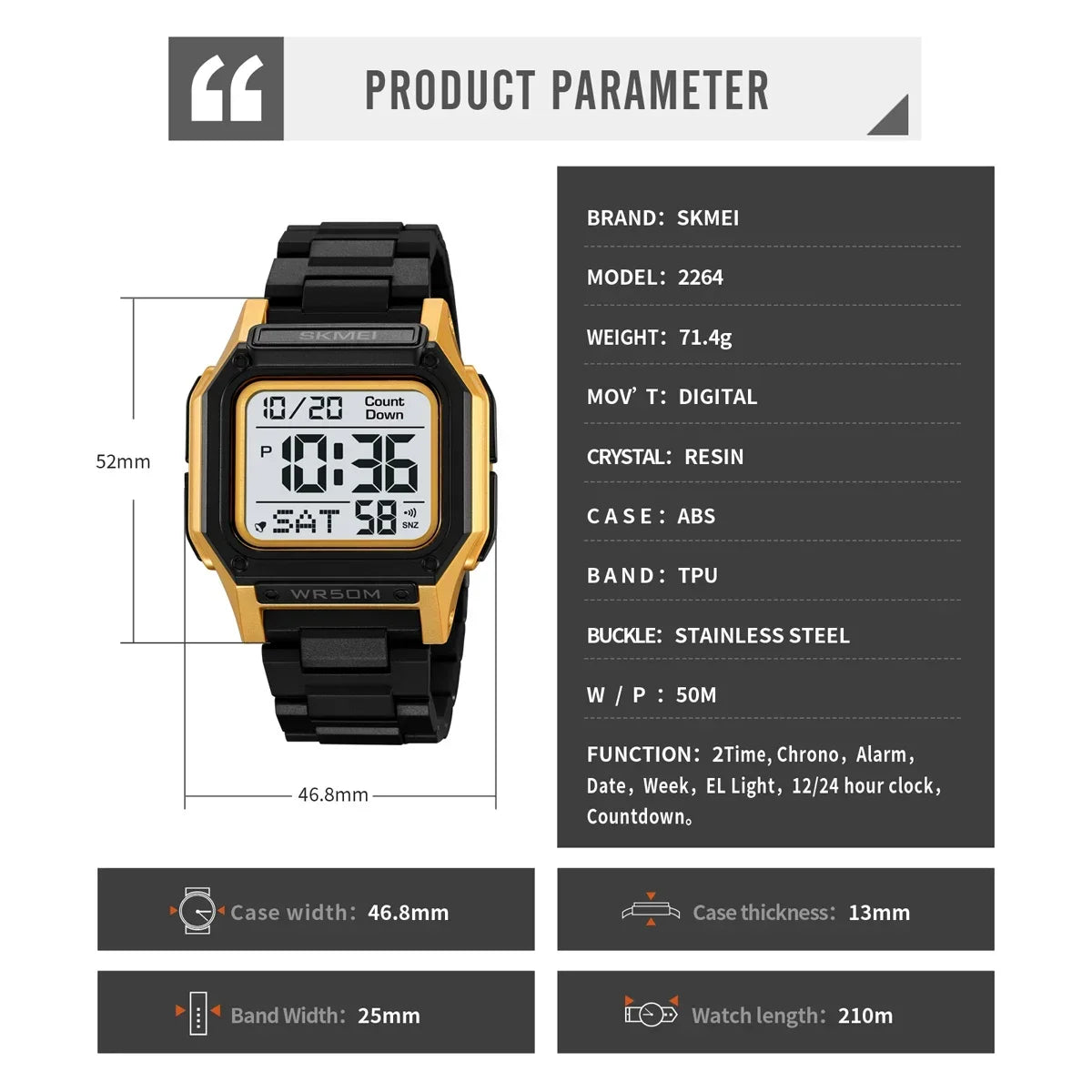 SKMEI 2264 Digital Sports Watch for Men | Backlight Stopwatch & Countdown Timer Wristwatch | 5Bar Waterproof Electronic Watch with Alarm | Casual Outdoor Sports Watch for Men