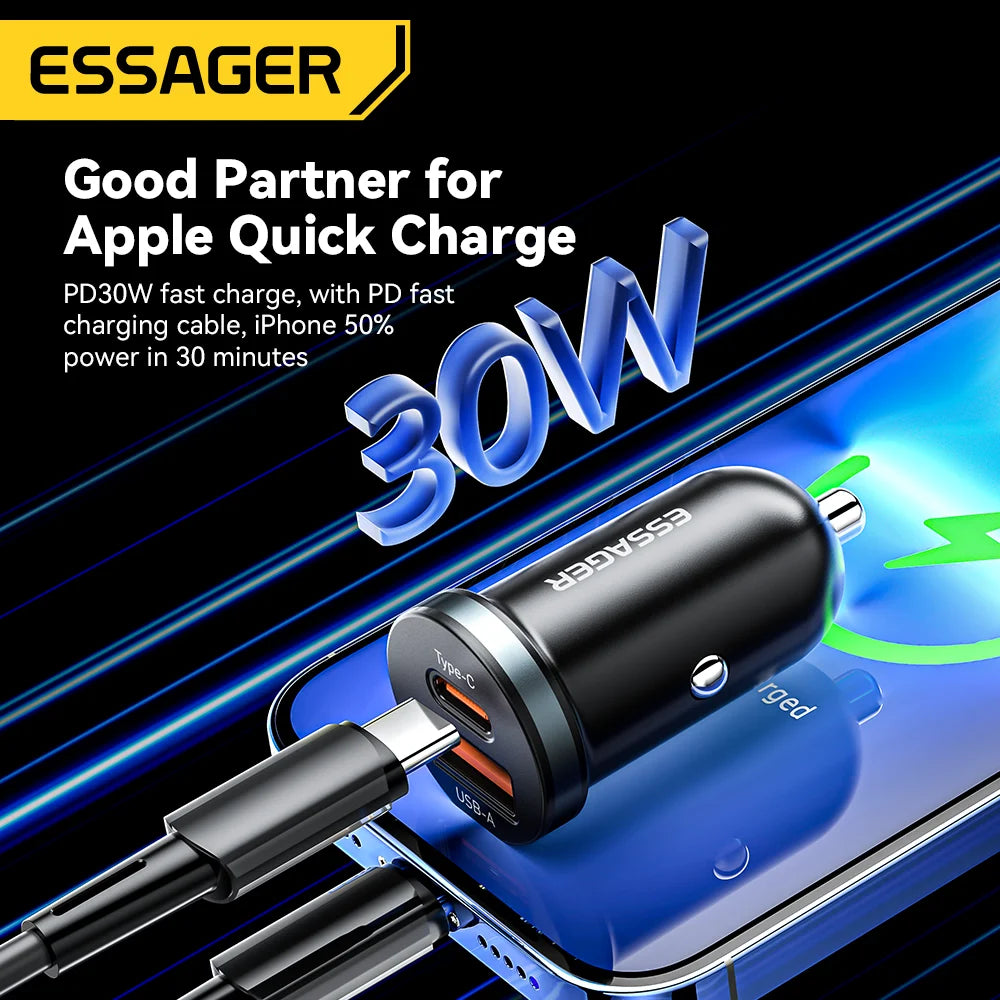 Essager 30W USB C Car Charger | PD QC 3.0 5A Fast Charging Type C Car Phone Charger | Quick Charge USB C Power Adapter for iPhone Xiaomi Samsung | High-Speed Universal Car Charger for Smartphones