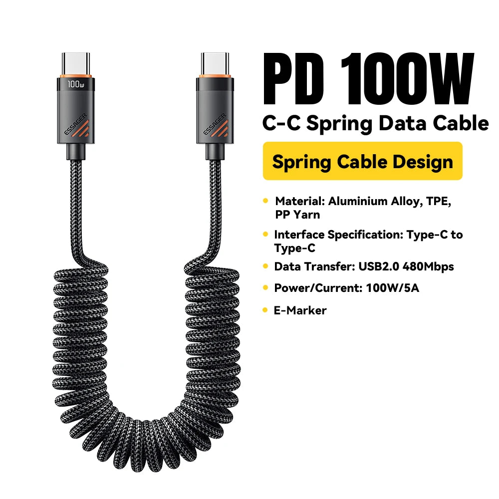 Essager 100W PD Fast Charging Type C to Type C Spring Car Charger Cable