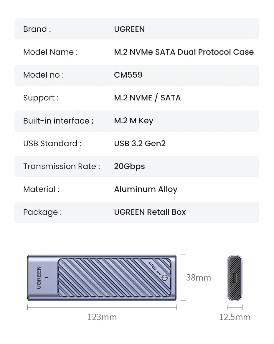 UGREEN M.2 NVMe SATA SSD Enclosure | 20Gbps USB C 3.2 Gen 2 External SSD Enclosure | Aluminum M.2 SSD Case for M Key & B+M Key 2280 SSDs | High-Speed Portable Storage Adapter