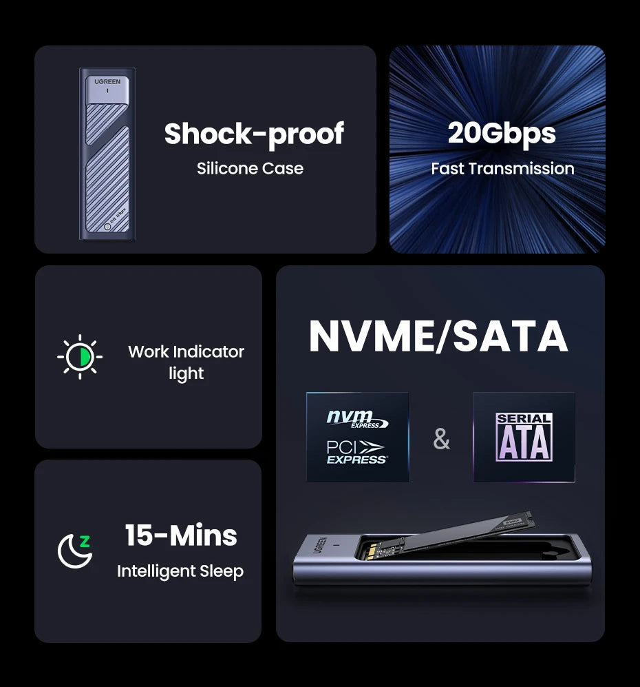 UGREEN M.2 NVMe SATA SSD Enclosure | 20Gbps USB C 3.2 Gen 2 External SSD Enclosure | Aluminum M.2 SSD Case for M Key & B+M Key 2280 SSDs | High-Speed Portable Storage Adapter