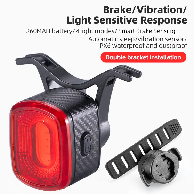 ROCKBROS Smart Bicycle Brake Light | IPX6 Waterproof Type C Rechargeable Bike Tail Light | Auto Stop LED Rear Warning Light | Cycling Safety Taillight for Road Bike MTB & Outdoor Riding