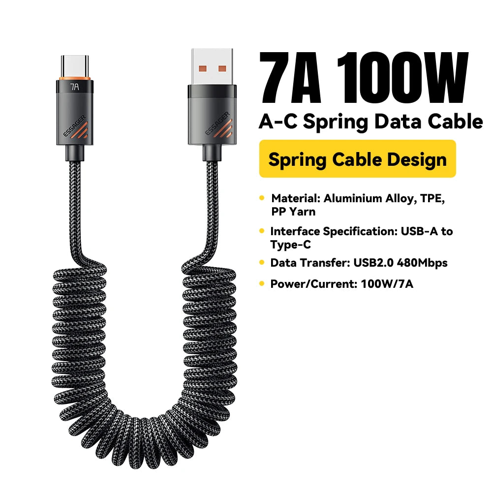Essager 100W PD Fast Charging Type C to Type C Spring Car Charger Cable